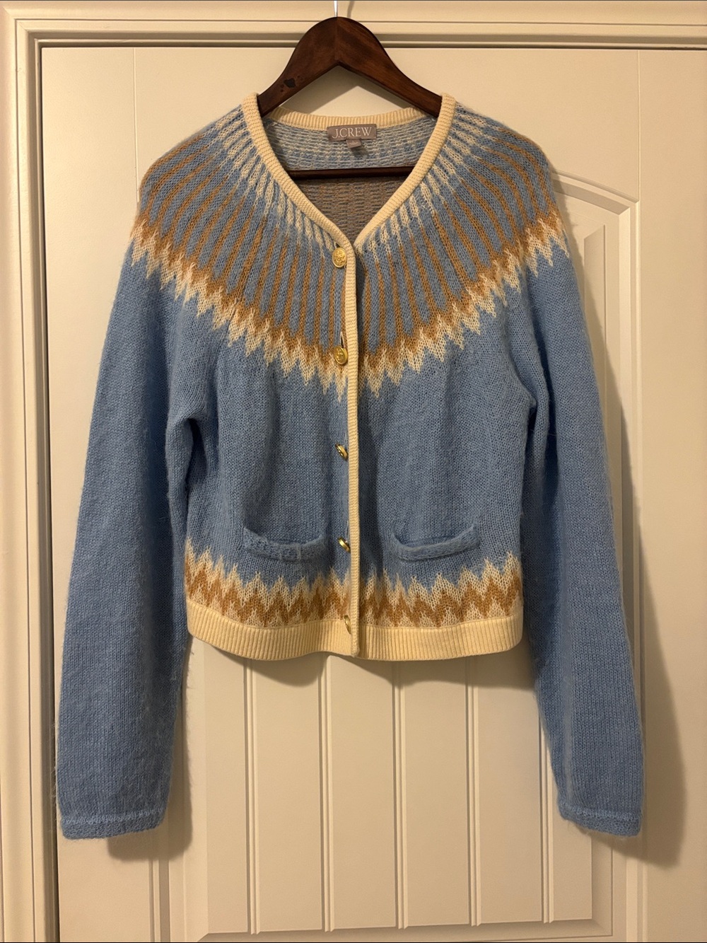 J. Crew Light Blue and Cream Fair Isle Wool Cardigan
